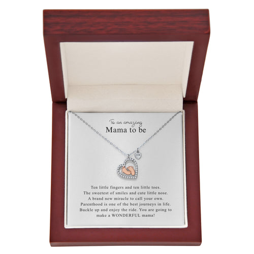 Gift for Mom Necklace with heart and baby feet charm in a wooden gift box by Someone Said Gift