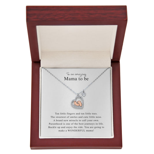 Gift for Mom Necklace with heart and baby feet charm in a wooden gift box by Someone Said Gift