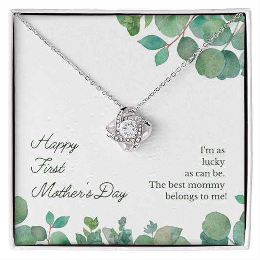 Gift for Mom Necklace with silver chain and sparkly pendant in a Happy First Mother's Day gift box