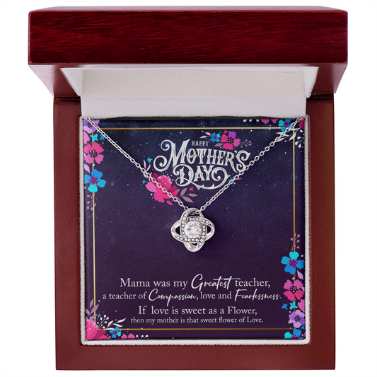 Gift for Mom Necklace in silver with flower pendant displayed in wooden Mother’s Day gift box