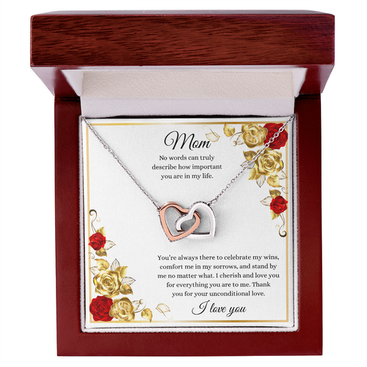 Gift for Mom Necklace with interlocking hearts in silver and rose gold in a wooden gift box