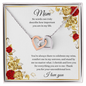 Gift for Mom Necklace with interlocking rose gold and silver hearts on a floral message card