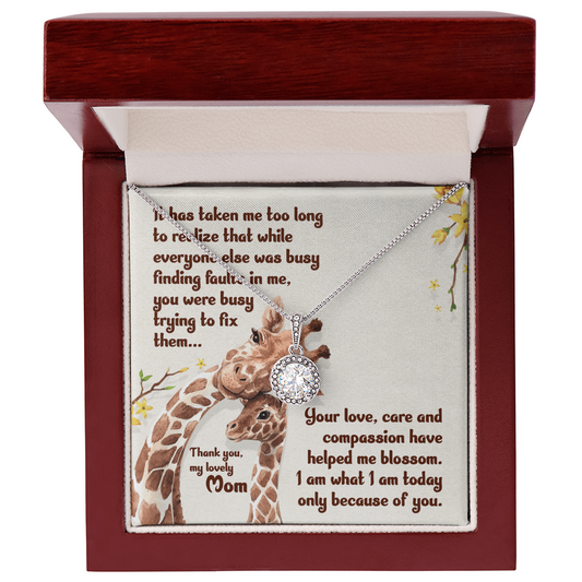 Gift for Mom Necklace with sparkling pendant in wooden gift box featuring giraffe and heartfelt message