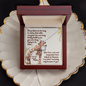 Gift for Mom Necklace displayed in a wooden box with a heartfelt message and a giraffe illustration