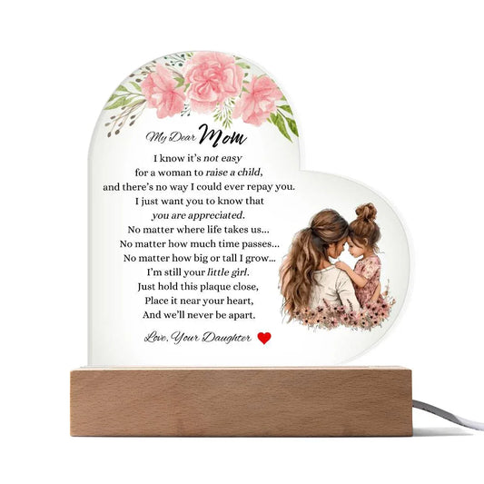 Gift for mom Printed Heart Acrylic Plaque with pink flowers and heartfelt message from daughter