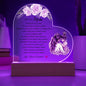 Gift for mom Printed Heart Acrylic Plaque with floral design and heartfelt message illuminated on wooden base