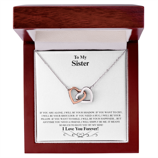 Gift for Sister Necklace with interlocking hearts in silver and rose gold presented in a wooden box