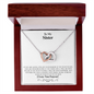 Gift for Sister Necklace with interlocking hearts in silver and rose gold presented in a wooden box