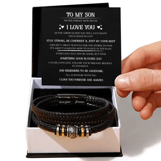 Gift for son Bracelet with black braided leather and metal beads in a gift box with a loving message