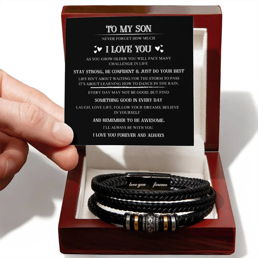 Gift for son Bracelet with black braided leather and metal accents in a wooden gift box with loving message