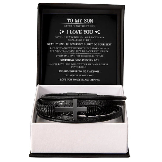 Gift for Son Bracelet with black leather and cross design in a ShineOn Fulfillment gift box