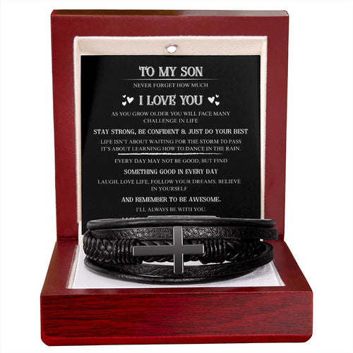 Gift for Son Bracelet black leather with cross design in wooden box with inspirational message