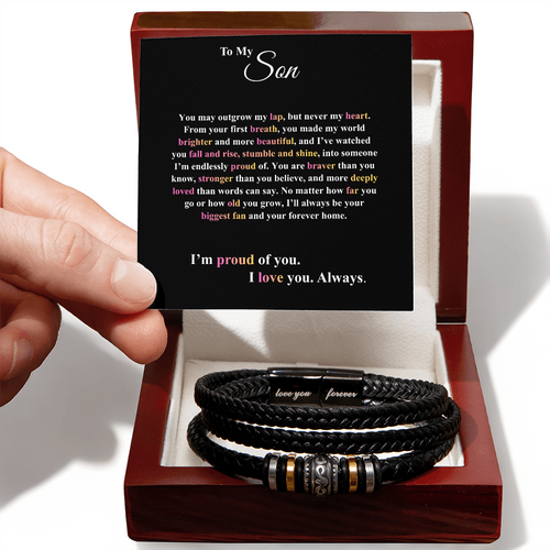Gift for Son Bracelet by Someone Said Gift in black braided leather with engraved message in wooden box