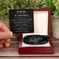Gift for Son Bracelet in black leather with cross charm displayed in wooden gift box with message card