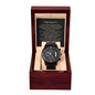 Gift for Son chronograph on a watch in black with stainless steel band in a wooden presentation box