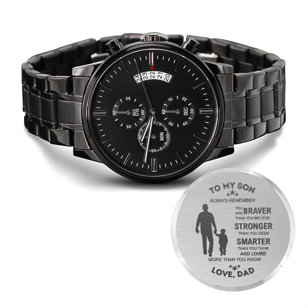 Gift for Son Chronograph Watch by Someone Said Gift with black dial and engraved message from dad