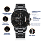 Gift for Son Chronograph Watch in black with stopwatch, running seconds, calendar time adjustment, and date display