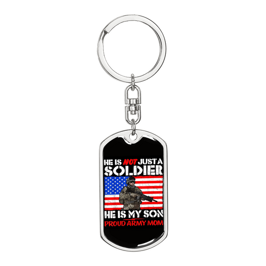 Gift For Son Dog Tag Keychain with Proud Army Mom text and American flag design