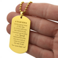 Gold Gift for Son Dog Tag Necklace with engraved loving message from dad held in hand