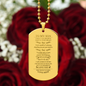 Gift for Son Dog Tag Necklace gold pendant with motivational engraved message from mom on gold chain