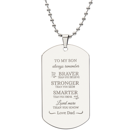 Gift for Son Dog Tag Necklace with engraved motivational message from dad in silver tone