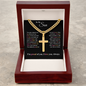 Gold cross necklace in wooden box with a message, perfect gift for son from mom