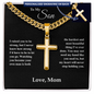 Gold cross necklace with personalized engraving gift for son from mom in a black display box
