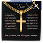 Gold cross necklace gift for son from mom with personalized engraving and heartfelt message