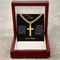 Gold cross necklace gift for son from mom in elegant wooden presentation box