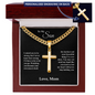 Gold cross necklace gift for son from mom with personalized engraving in a wooden box