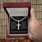 Silver cross necklace in gift box with motivational message, perfect gift for son from mom