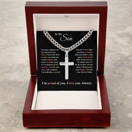 Silver cross necklace in wooden box with message from mom gift for son from mom