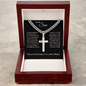 Silver cross necklace in wooden box with message from mom gift for son from mom