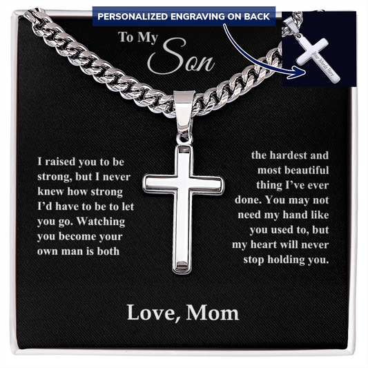 Silver cross necklace gift for son from mom with personalized engraving and heartfelt message