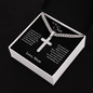 Silver cross necklace in gift box with heartfelt message, perfect gift for son from mom