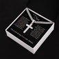 Silver cross necklace gift for son from mom with heartfelt message in a black and white gift box