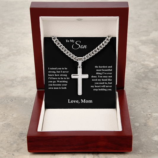 Silver cross necklace gift for son from mom in wooden display box with loving message