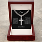 Silver cross necklace gift for son from mom in wooden display box with loving message