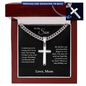 Silver cross necklace in a wooden box with love message and personalized engraving gift for son from mom