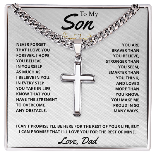 Gift for Son Necklace with silver cross pendant and inspirational message from dad in display box