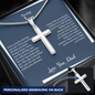 Gift for Son Necklace silver cross pendant with personalized engraving on back in a blue message box
