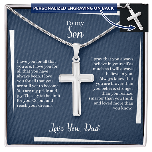 Gift for Son Necklace silver cross pendant with personalized engraving and inspirational message from Dad