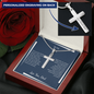 Gift for Son Necklace silver cross pendant with personalized engraving displayed in a gift box with a red rose