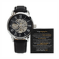 gift for son Openwork Watch with black leather strap and visible mechanical gears by ShineOn Fulfillment