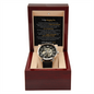 Gift for Son Openwork Watch with black leather strap and visible mechanical movement in wooden box