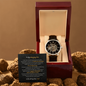 Gift for son Openwork Watch in silver with black leather strap displayed in a wooden gift box with a heartfelt message card