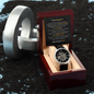 Gift for Son Openwork Watch in wooden box with heartfelt message from mom and black leather strap