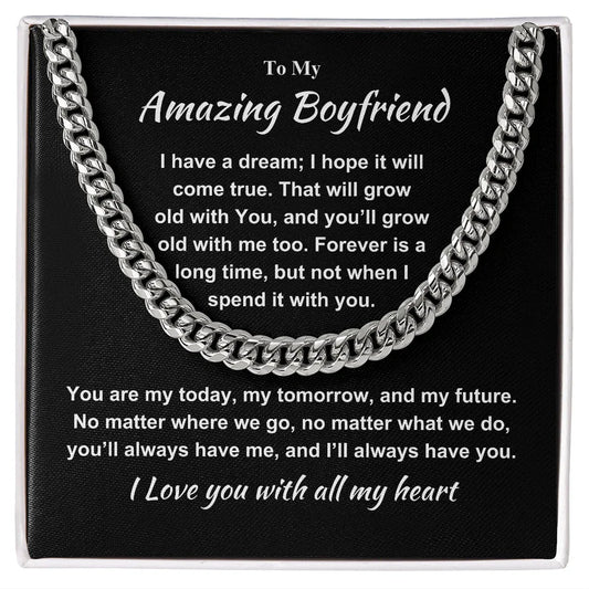 Silver chain necklace by ShineOn Fulfillment displayed on a black card with a romantic message as a gift for the boyfriend