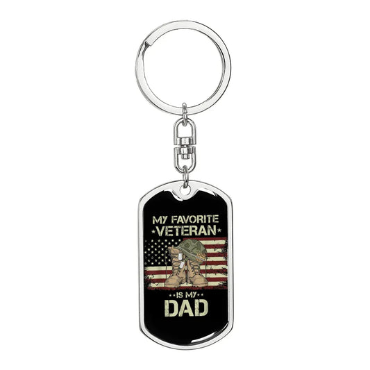 Gift For Veteran Dog Tag Keychain with My Favorite Veteran Is My Dad design and American flag