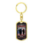 Gift For Veteran Dog Tag Keychain with patriotic design and soldier silhouette on black background